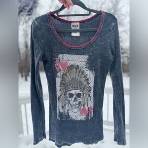 🖤Rock & Roll Glam Native Skull rhinestone shirt RARE medium